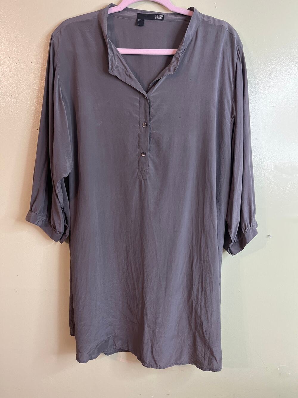 Eileen Fisher 100% Silk Henley Tunic Blouse Gray 3/4 Sleeve Relaxed, Size Large